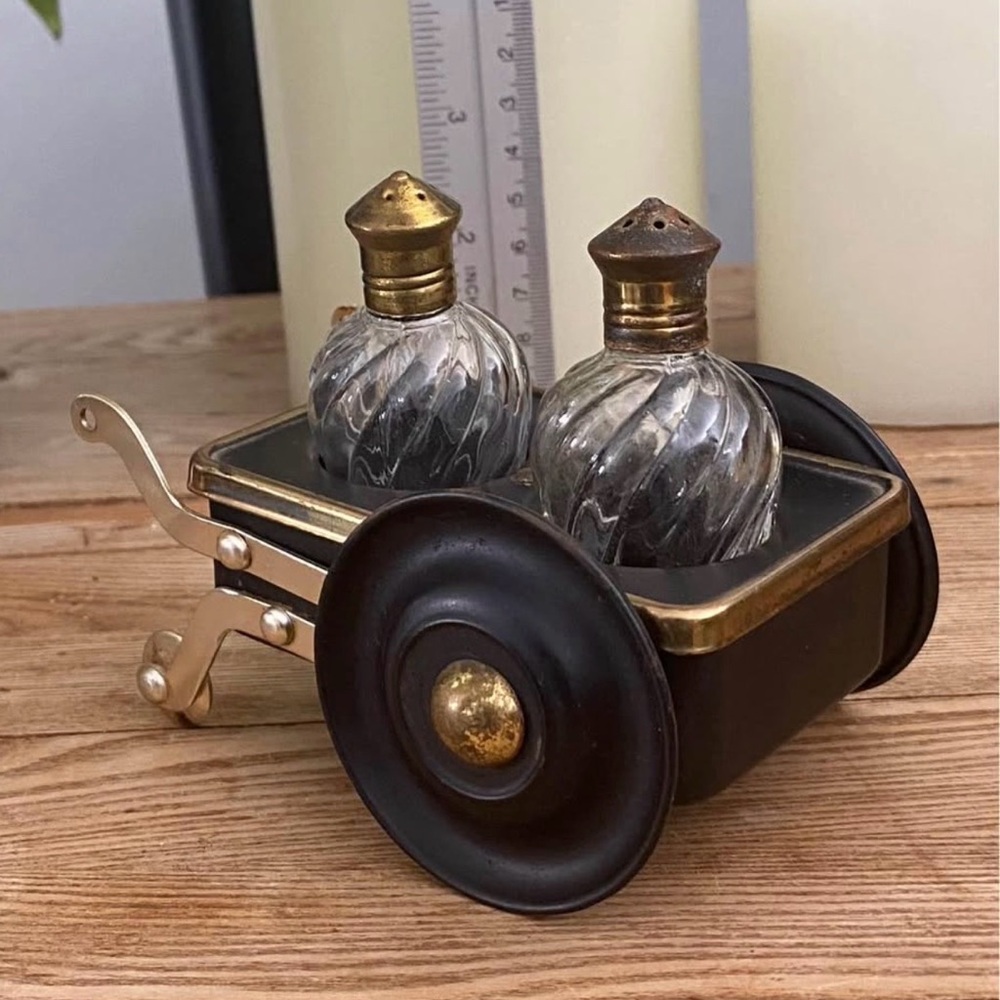 Vintage Mid-Century Brass & Glass Salt and Pepper Shakers | MCM Wheelbarrow Cart